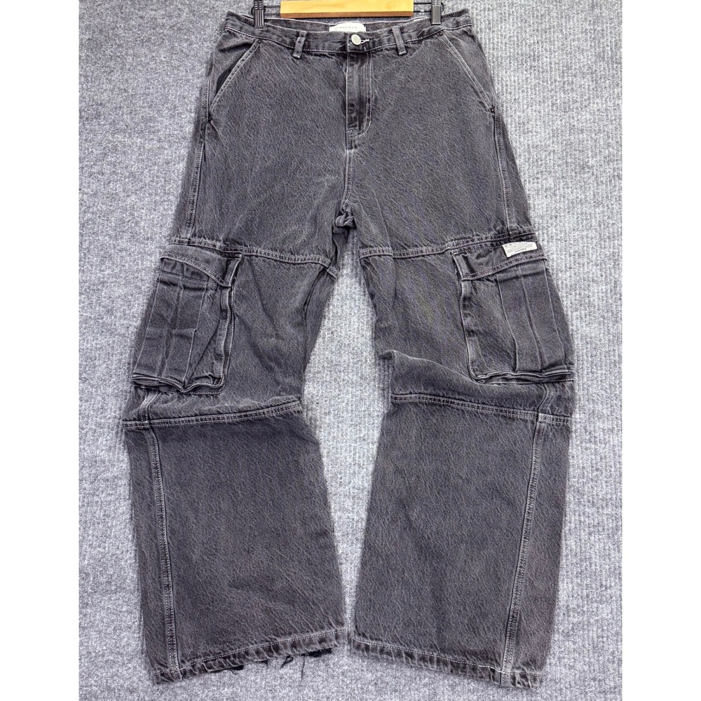 PacSun Extreme Baggy Cargo Jeans Washed Black Denim 34x32 Streetwear Wide Leg